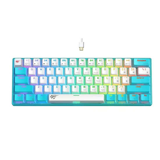 Havit - Геймърска клавиатура (KB903L) - USB-C, с RGB светлини, 1.8 м, 200 мА - Синя / Бяла