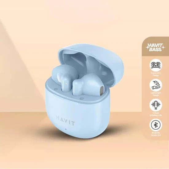 Bluetooth 5.3 безжични слушалки, TWS, USB-C, 300mAh - Havit (TW976) - сини