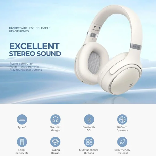 Havit - Безжични слушалки (H630BT) - Bluetooth 5.3, Сгъваеми, Преносими, TF карта, FM режим, AUX, Type-C, 500mAh - Черни