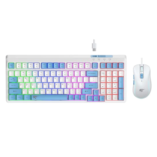 Havit - Комплект клавиатура и мишка (KB891CM) - за игри, USB-C, 1.5 м, 1200/1800/2400/3600 DPI - Бял / Син