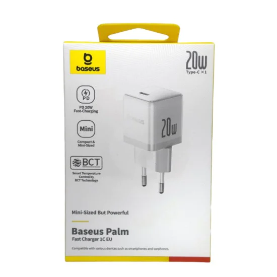 Baseus - Зарядно устройство за стена Palm (P10111602213-00) - Бързо зарядно устройство, Type-C, PD 20W, 5V/3A - Moon White