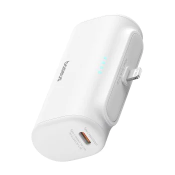 Baseus - Power Bank (P10068307213-00) - Lightning, компактен дизайн, 20W, 5000mAh, с кабел тип-C - бял