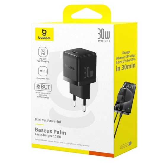 Baseus - Зарядно устройство за стена Palm (P10111605113-00) - Бързо зарядно устройство, Type-C, PD 30W, 5V/3A - Черен клъстер