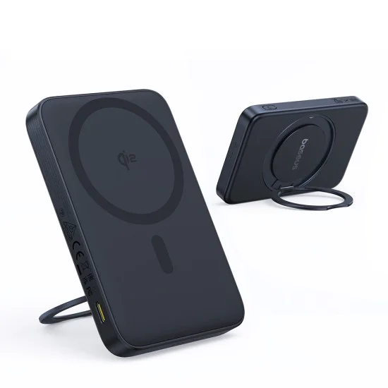 Baseus - Power Bank PicoGo (P10076802123-00) - Type-C, Qi2, Бързо зареждане, 20W, 5000mAh, Въртяща се стойка, Кабел Type-C - Черен