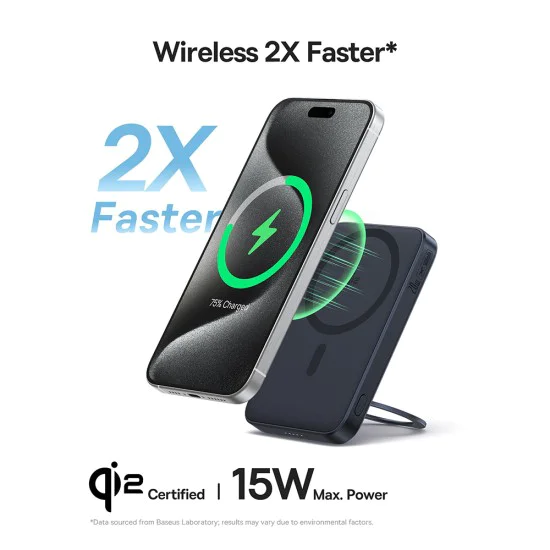 Baseus - Power Bank PicoGo (P10076802123-00) - Type-C, Qi2, Бързо зареждане, 20W, 5000mAh, Въртяща се стойка, Кабел Type-C - Черен