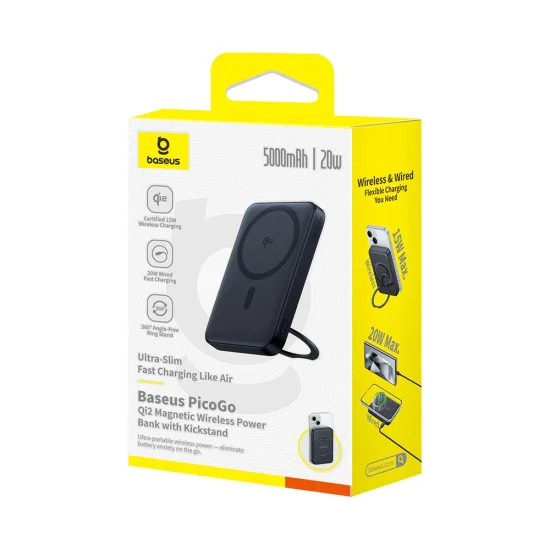Baseus - Power Bank PicoGo (P10076802123-00) - Type-C, Qi2, Бързо зареждане, 20W, 5000mAh, Въртяща се стойка, Кабел Type-C - Черен