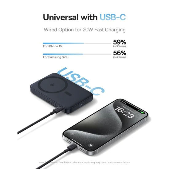 Baseus - Power Bank PicoGo (P10076802123-00) - Type-C, Qi2, Бързо зареждане, 20W, 5000mAh, Въртяща се стойка, Кабел Type-C - Черен