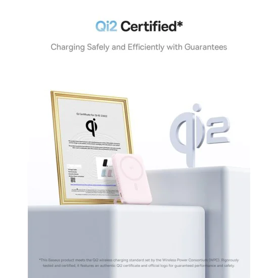 Baseus - Power Bank PicoGo (P10076800413-00) - Type-C, Qi2, Fast Charging, 20W, 5000mAh, Rotable Stand, Cable Type-C - Pink