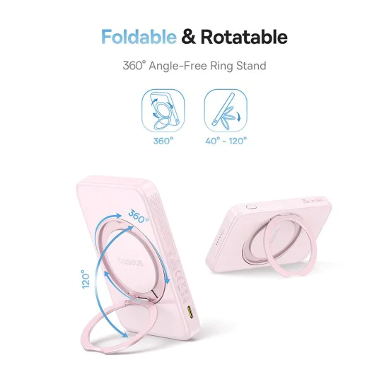 Baseus - Power Bank PicoGo (P10076800413-00) - Type-C, Qi2, Fast Charging, 20W, 5000mAh, Rotable Stand, Cable Type-C - Pink
