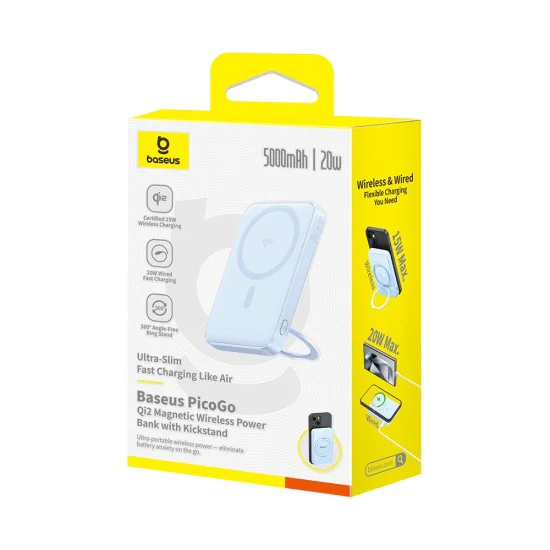 Baseus - Power Bank PicoGo (P10076800313-00) - Type-C, Qi2, Fast Charging, 20W, 5000mAh, Rotable Stand, Cable Type-C - Blue