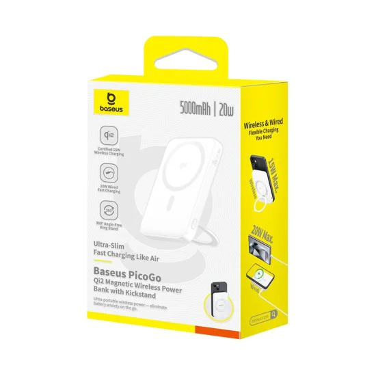Baseus - Power Bank PicoGo (P10076800213-01) - Type-C, Qi2, бързо зареждане, 20W, 5000mAh, въртяща се стойка, кабел Type-C - бял
