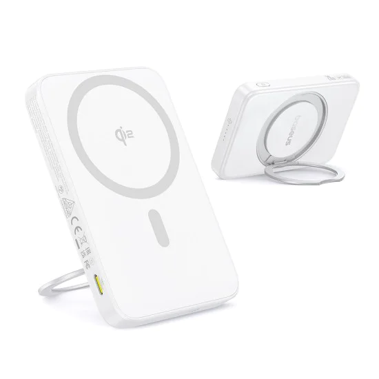 Baseus - Power Bank PicoGo (P10076800213-01) - Type-C, Qi2, бързо зареждане, 20W, 5000mAh, въртяща се стойка, кабел Type-C - бял