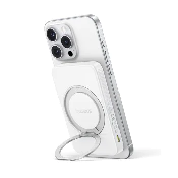 Baseus - Power Bank PicoGo (P10076800213-01) - Type-C, Qi2, бързо зареждане, 20W, 5000mAh, въртяща се стойка, кабел Type-C - бял