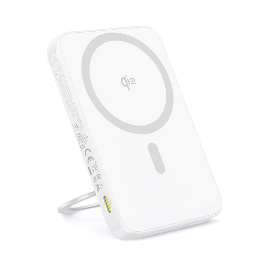 Baseus - Power Bank PicoGo (P10076800213-01) - Type-C, Qi2, бързо зареждане, 20W, 5000mAh, въртяща се стойка, кабел Type-C - бял