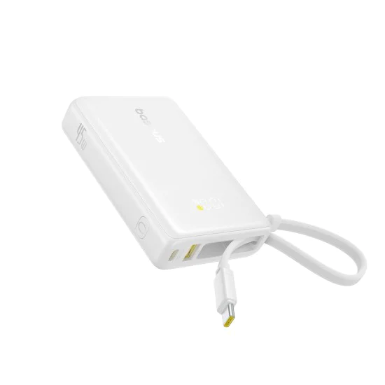Baseus - Power Bank PicoGo (P10076803213-00) - Type-C, USB, бързо зареждане, 45W, 10000mAh, вграден Type-C кабел - бял