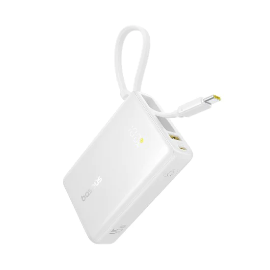 Baseus - Power Bank PicoGo (P10076803213-00) - Type-C, USB, бързо зареждане, 45W, 10000mAh, вграден Type-C кабел - бял