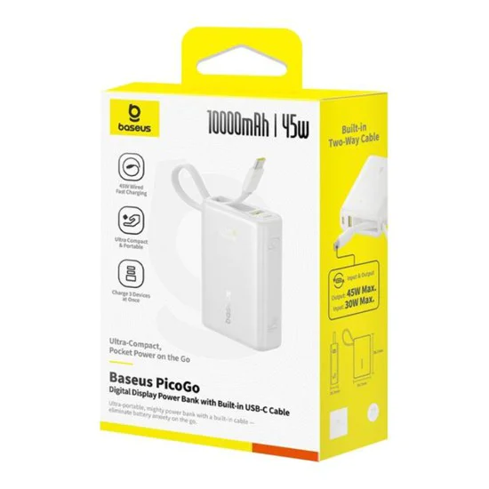 Baseus - Power Bank PicoGo (P10076803213-00) - Type-C, USB, бързо зареждане, 45W, 10000mAh, вграден Type-C кабел - бял