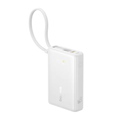 Baseus - Power Bank PicoGo (P10076803213-00) - Type-C, USB, бързо зареждане, 45W, 10000mAh, вграден Type-C кабел - бял