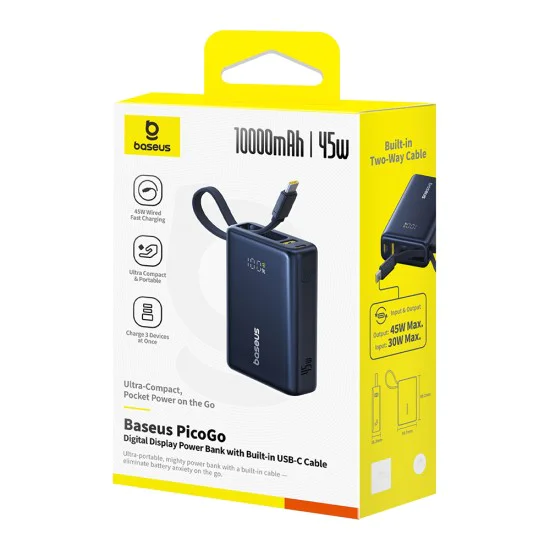 Baseus - Power Bank PicoGo (P10076803123-00) - Type-C, USB, Fast Charging, 45W, 10000mAh, вграден Type-C кабел - Черен