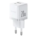 Baseus - Зарядно устройство за стена Palm (CCZC20UE) - Бързо зарядно устройство 2в1, USB, Type-C, 20W, 5V/3A - Лунно бяло