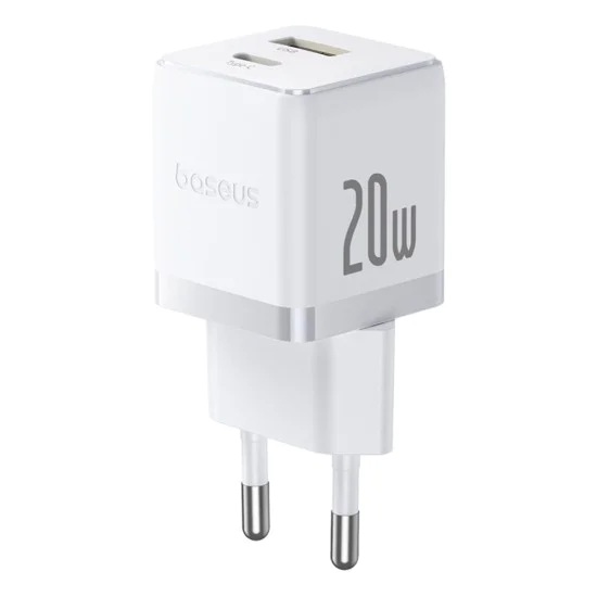 Baseus - Зарядно устройство за стена Palm (CCZC20UE) - Бързо зарядно устройство 2в1, USB, Type-C, 20W, 5V/3A - Лунно бяло