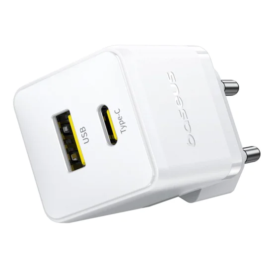 Baseus - Зарядно устройство за стена Palm (CCZC20UE) - Бързо зарядно устройство 2в1, USB, Type-C, 20W, 5V/3A - Лунно бяло