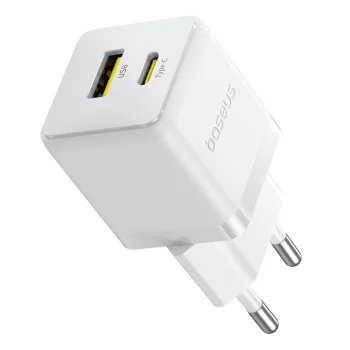 Baseus - Зарядно устройство за стена Palm (CCZC20UE) - Бързо зарядно устройство 2в1, USB, Type-C, 20W, 5V/3A - Лунно бяло