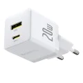 Baseus - Зарядно устройство за стена Palm (CCZC20UE) - Бързо зарядно устройство 2в1, USB, Type-C, 20W, 5V/3A - Лунно бяло