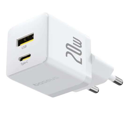 Baseus - Зарядно устройство за стена Palm (CCZC20UE) - Бързо зарядно устройство 2в1, USB, Type-C, 20W, 5V/3A - Лунно бяло