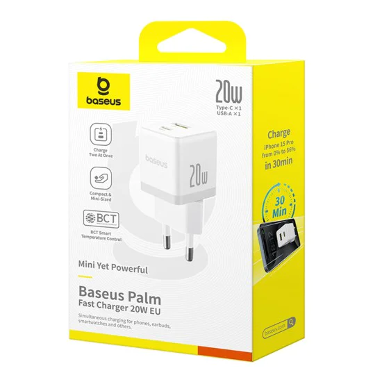 Baseus - Зарядно устройство за стена Palm (CCZC20UE) - Бързо зарядно устройство 2в1, USB, Type-C, 20W, 5V/3A - Лунно бяло