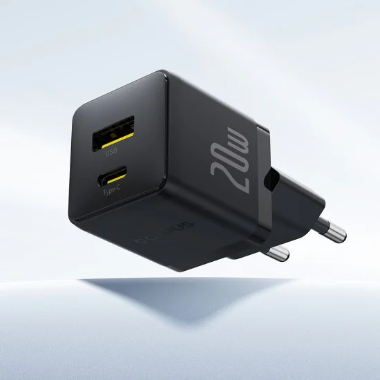 Baseus - Зарядно устройство за стена Palm (P10111608113-00) - Бързо зарядно устройство 2в1, USB, Type-C, 20W, 5V/3A - Черен клъстер