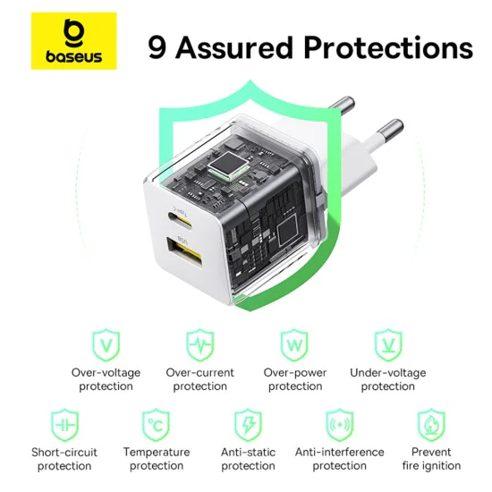 Baseus - Стенно зарядно Palm (P1011160A213-00) - Бързо зареждане, 2в1, USB, Type-C, 30W - Лунно бяло