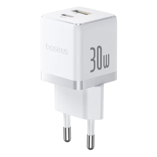 Baseus - Зарядно за стена Palm (P1011160A213-01) - Включен кабел Type-C, Бързо зареждане, 2в1, USB, USB-C, 30W, 20V/3A - Лунно бяло