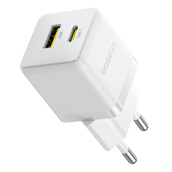 Baseus - Зарядно за стена Palm (P1011160A213-01) - Включен кабел Type-C, Бързо зареждане, 2в1, USB, USB-C, 30W, 20V/3A - Лунно бяло