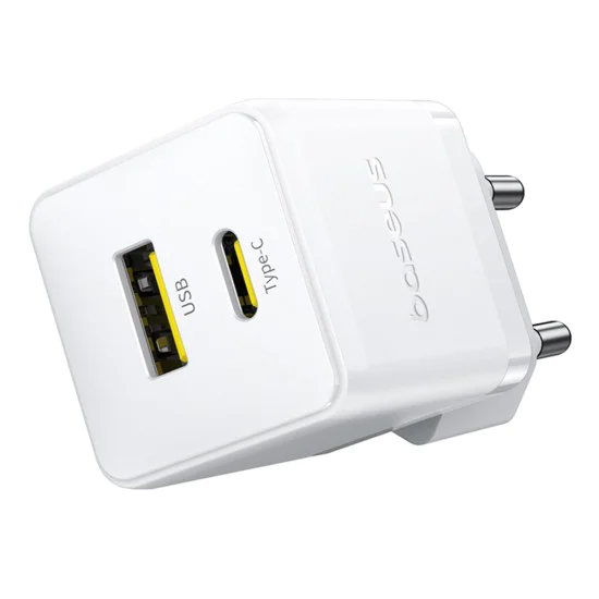 Baseus - Зарядно за стена Palm (P1011160A213-01) - Включен кабел Type-C, Бързо зареждане, 2в1, USB, USB-C, 30W, 20V/3A - Лунно бяло