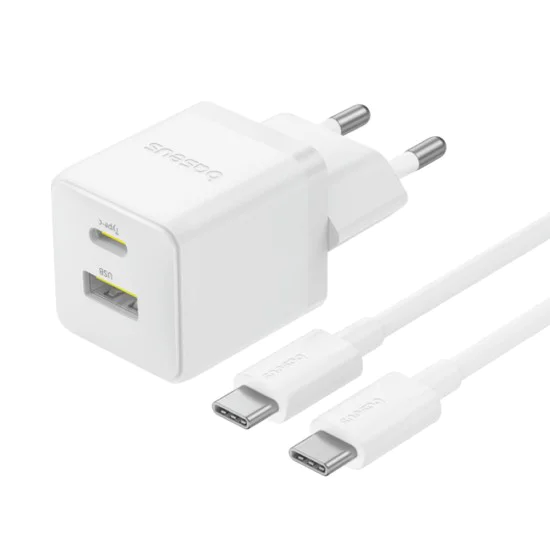 Baseus - Зарядно за стена Palm (P1011160A213-01) - Включен кабел Type-C, Бързо зареждане, 2в1, USB, USB-C, 30W, 20V/3A - Лунно бяло