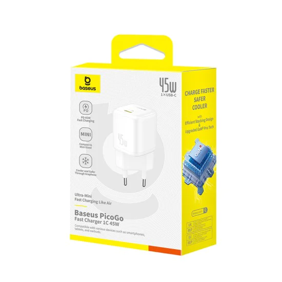 Baseus - Зарядно за стена PicoGo (P10176800213-00) - GaN, Бързо зареждане, 45W, USB-C - Лунно бяло