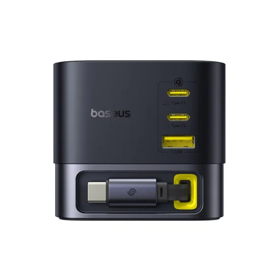 Baseus - Зарядно за стена Super GaN (P10164001123-00) - Прибиращ се кабел, Бързо зареждане, USB, 3x Type-C, 100W, 1,5 m - Космическо черно