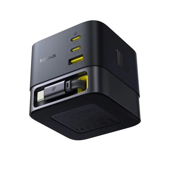 Baseus - Зарядно за стена Super GaN (P10164001123-00) - Прибиращ се кабел, Бързо зареждане, USB, 3x Type-C, 100W, 1,5 m - Космическо черно