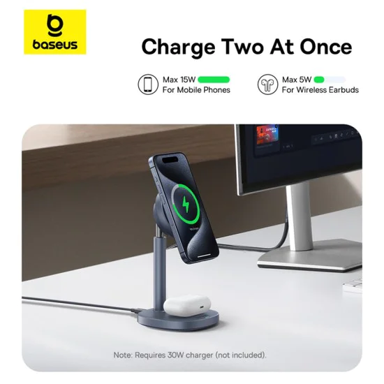 Baseus - Магнитно безжично зарядно устройство Orbit 2 Pro (P10273500813-00) - Охлаждащо бързо зарядно устройство за телефон, слушалки, 20W - Космическо сиво
