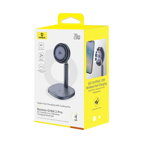 Baseus - Магнитно безжично зарядно устройство Orbit 2 Pro (P10273500813-00) - Охлаждащо бързо зарядно устройство за телефон, слушалки, 20W - Космическо сиво