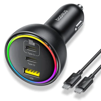 Baseus - Зарядно за кола (C00036101111-00) - 2x USB-C, USB, 152,5 W, бързо зареждане, RGB околна светлина, USB-C кабел - Cluster Black