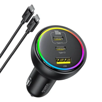 Baseus - Зарядно за кола (C00036101111-00) - 2x USB-C, USB, 152,5 W, бързо зареждане, RGB околна светлина, USB-C кабел - Cluster Black