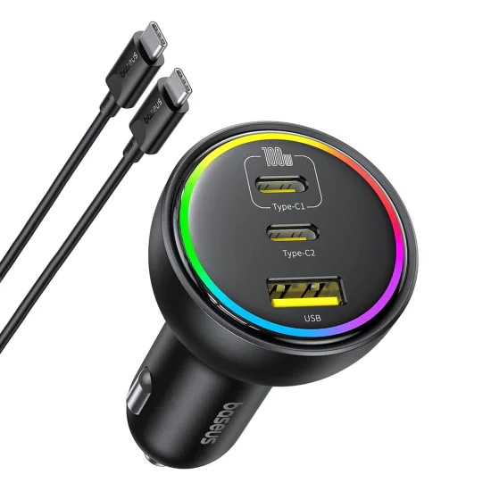 Baseus - Зарядно за кола (C00036101111-00) - 2x USB-C, USB, 152,5 W, бързо зареждане, RGB околна светлина, USB-C кабел - Cluster Black
