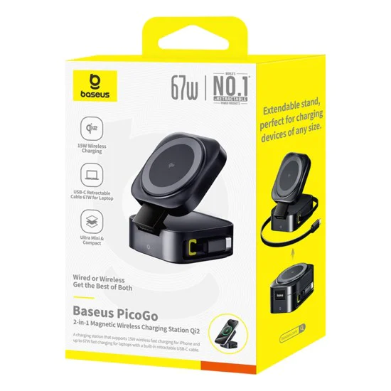 Baseus - Магнитно безжично зарядно устройство PicoGo (P10276800123-00) - Бързо зарядно устройство 2в1, кабел Type-C към Type-C, 67W - Cosmic Black