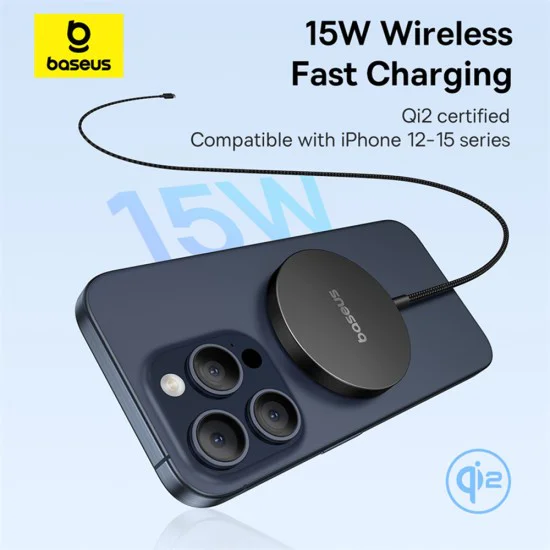 Baseus - Магнитно безжично зарядно устройство Simple Mini4 Air (P10278200111-00) - Бързо зареждане, кабел Type-C, Qi2, 15W - Cluster Black