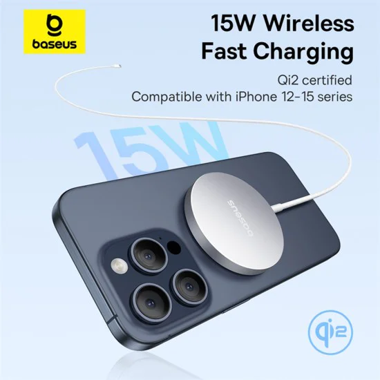 Baseus - Магнитно безжично зарядно устройство Simple Mini4 Air (P10278200S11-00) - Бързо зареждане, кабел Type-C, Qi2, 15W - Frost Silver