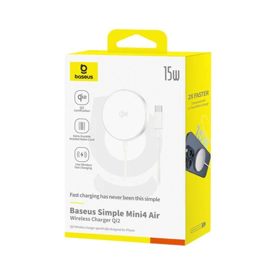 Baseus - Магнитно безжично зарядно устройство Simple Mini4 Air (P10278200S11-00) - Бързо зареждане, кабел Type-C, Qi2, 15W - Frost Silver