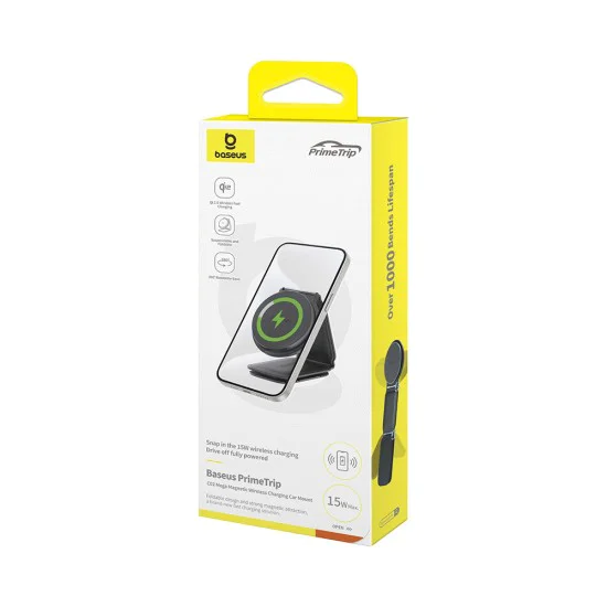 Baseus - Стойка за кола с безжично зареждане PrimeTrip C02 (C40169003111-00) - Магнитна ръкохватка за табло, 15W - Черен клъстер