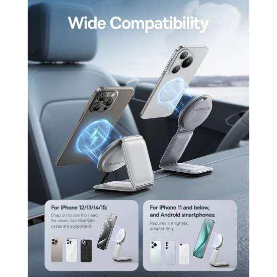 Baseus - Стойка за кола с безжично зареждане PrimeTrip C02 (C40169003211-00) - Магнитна дръжка за табло, 15W - Лунно бяло